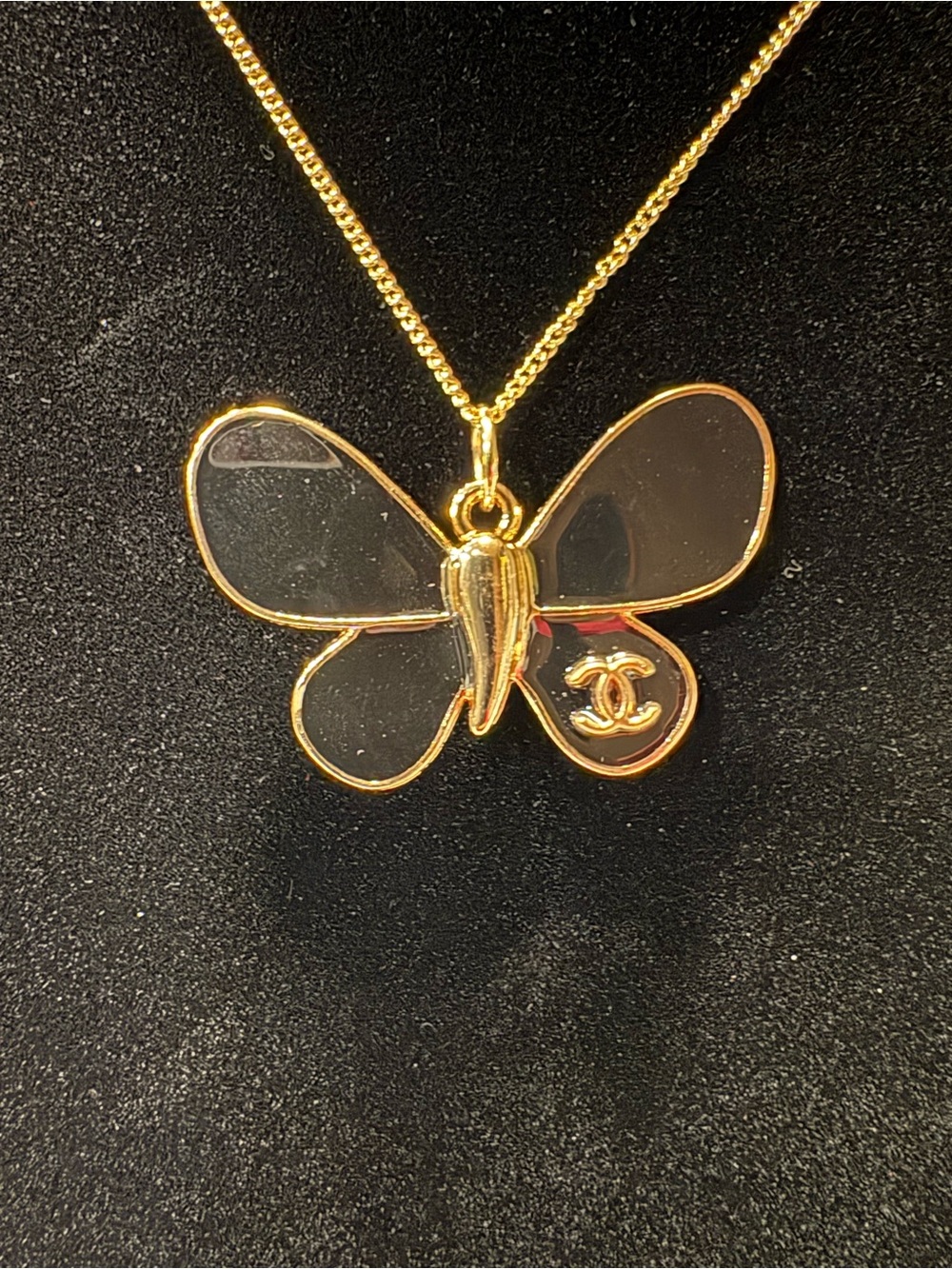 CHANEL Gold and Black Butterfly Pendant Necklace